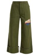 Matchesfashion.com Bliss And Mischief - Sunset Embroidered Cropped Cotton Drill Trousers - Womens - Khaki
