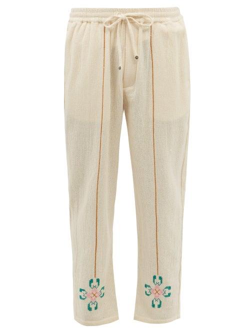 Harago - Floral Cross-stitch Drawstring Cotton Trousers - Mens - White Multi