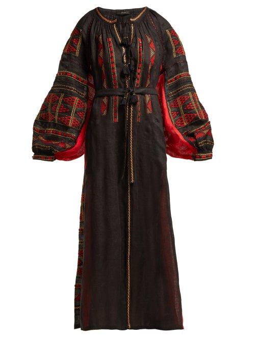 Matchesfashion.com Vita Kin - Chestnut Blossoms Embroidered Linen Midi Dress - Womens - Black Multi