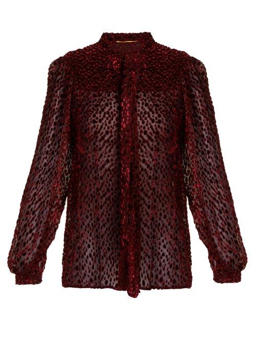 Matchesfashion.com Saint Laurent - Flocked Crepe Polka Dot Blouse - Womens - Burgundy