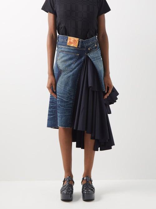 Junya Watanabe - Patchwork Pleated Denim And Crepe Skirt - Womens - Navy Multi