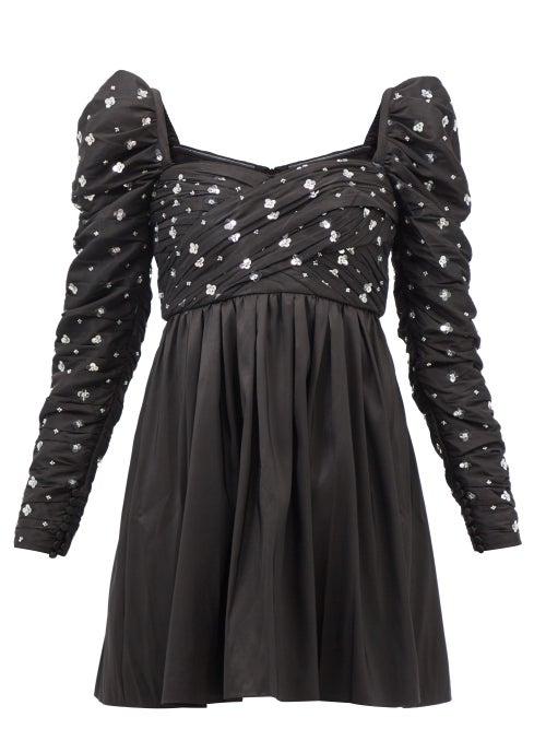 Self-portrait - Sequinned Ruched Satin Mini Dress - Womens - Black