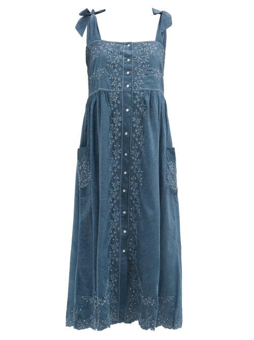 Matchesfashion.com Juliet Dunn - Square-neck Hand-embroidered Cotton-chambray Dress - Womens - Blue