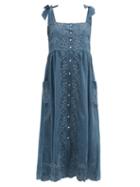 Matchesfashion.com Juliet Dunn - Square-neck Hand-embroidered Cotton-chambray Dress - Womens - Blue