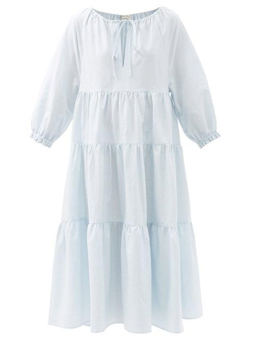 Matchesfashion.com Casa Raki - Josefina Tiered Checked Organic-cotton Midi Dress - Womens - Light Blue