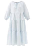 Matchesfashion.com Casa Raki - Josefina Tiered Checked Organic-cotton Midi Dress - Womens - Light Blue