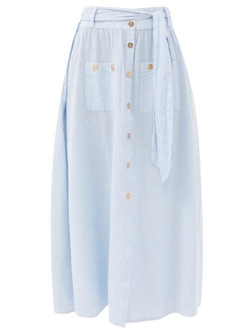 Matchesfashion.com Melissa Odabash - Alisa Striped Cotton-seersucker Midi Skirt - Womens - Light Blue