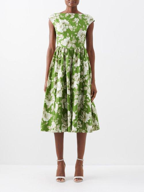 Erdem - Jocelyn Boat-neck Floral-print Cotton Dress - Womens - Green Multi