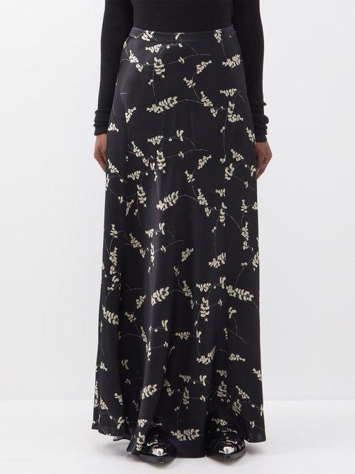 Raey - Twiggy Print Dip-hem Silk-satin Maxi Slip Skirt - Womens - Black Print
