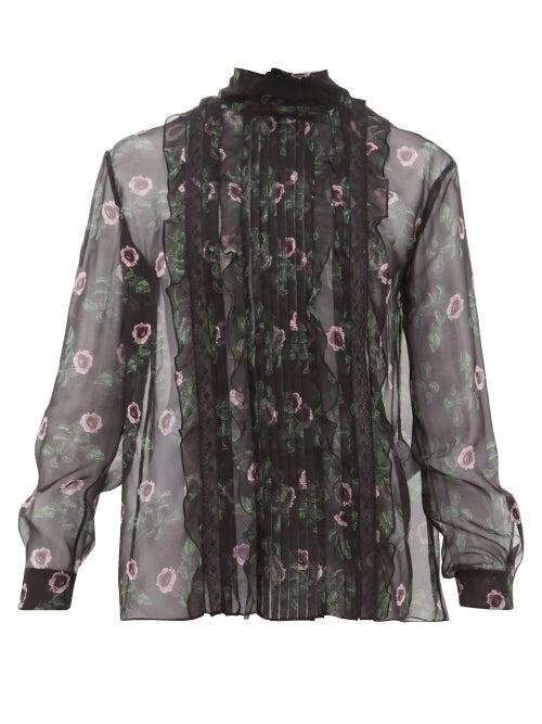 Matchesfashion.com Valentino - Lip Floral Print Pleated Silk Chiffon Blouse - Womens - Black Multi