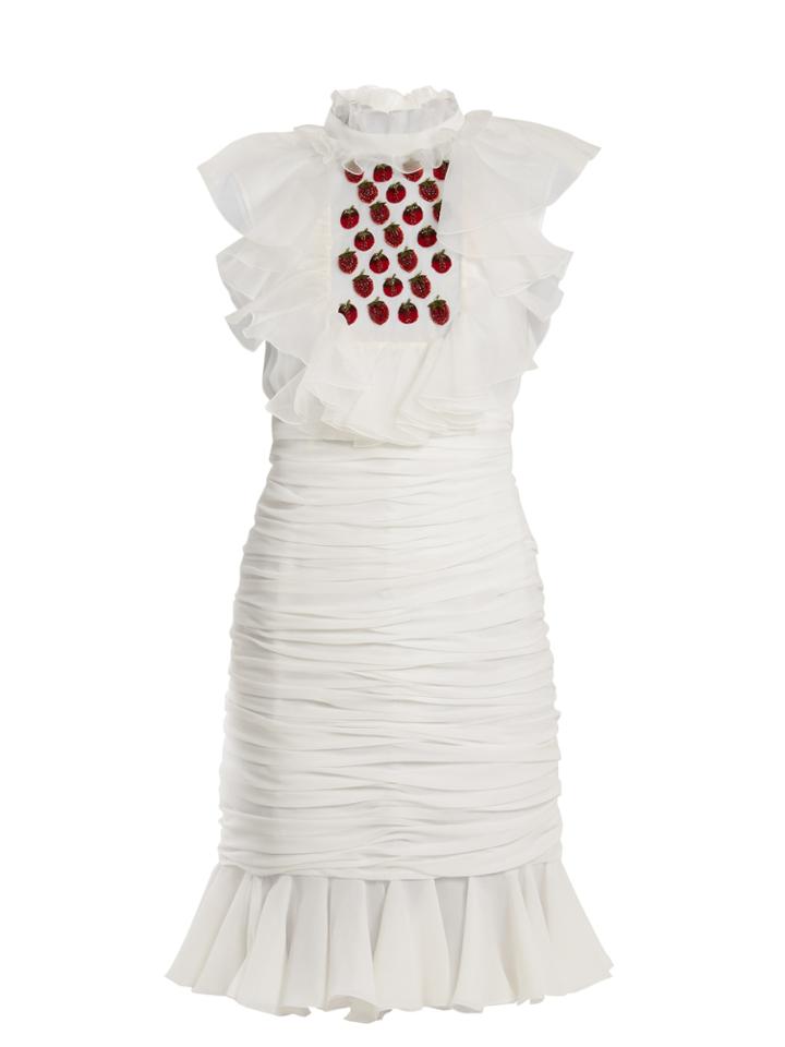 Giambattista Valli Embellished Strawberry-appliqu Ruched Silk Dress