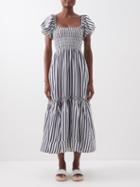 La Ligne - Lottie Ruffled-sleeve Striped Midi Dress - Womens - Ivory Navy