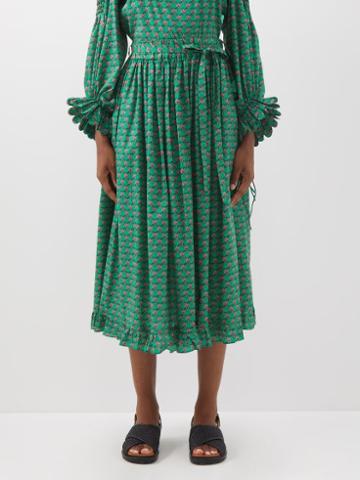 Horror Vacui - Lina Floral-print Cotton-poplin Midi Skirt - Womens - Green Multi
