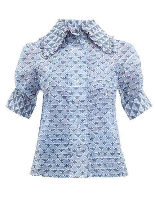 Matchesfashion.com Thierry Colson - Tilda Geometric Print Cotton Blend Blouse - Womens - Blue