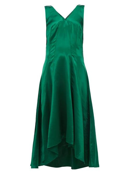 Matchesfashion.com Sies Marjan - Miriam Dip Hem Charmeuse Midi Dress - Womens - Dark Green