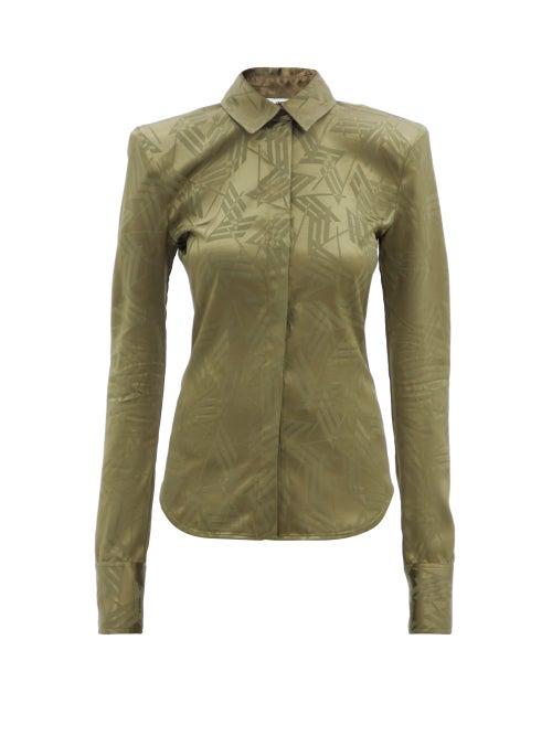 Ladies Rtw The Attico - Padded-shoulders Logo-jacquard Satin Shirt - Womens - Khaki