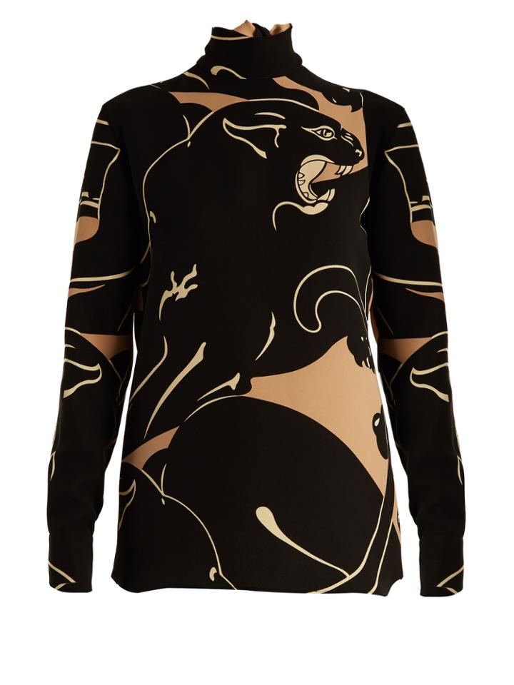 Valentino Panther-print Tie-neck Silk-crepe Blouse