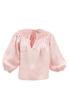 Matchesfashion.com Innika Choo - Hope Filthorts Smocked Linen-chambray Blouse - Womens - Light Pink
