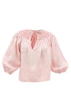 Matchesfashion.com Innika Choo - Hope Filthorts Smocked Linen-chambray Blouse - Womens - Light Pink