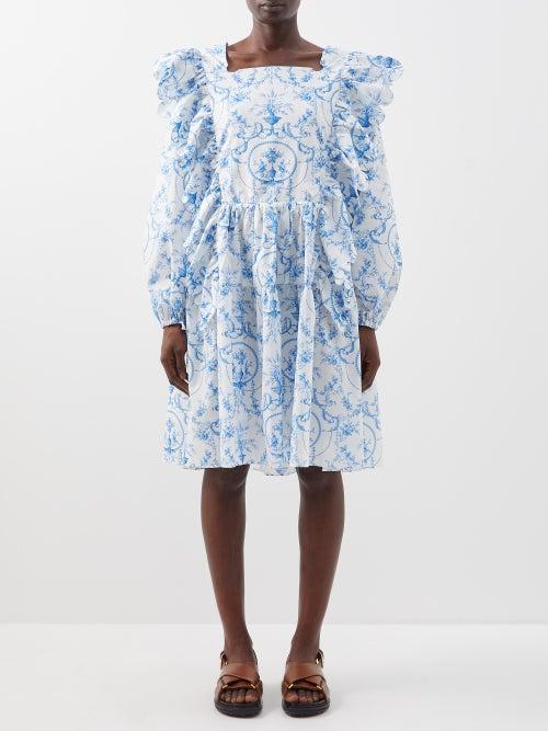 Horror Vacui - Amal Cotton-poplin Dress - Womens - White Blue