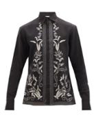 73 London - Floral-embroidered Cotton-wool Blend Shirt - Mens - Black