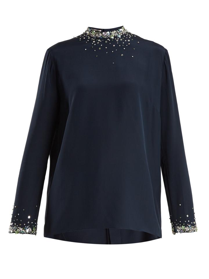 Miu Miu Crystal-embellished Silk Crepe De Chine Top