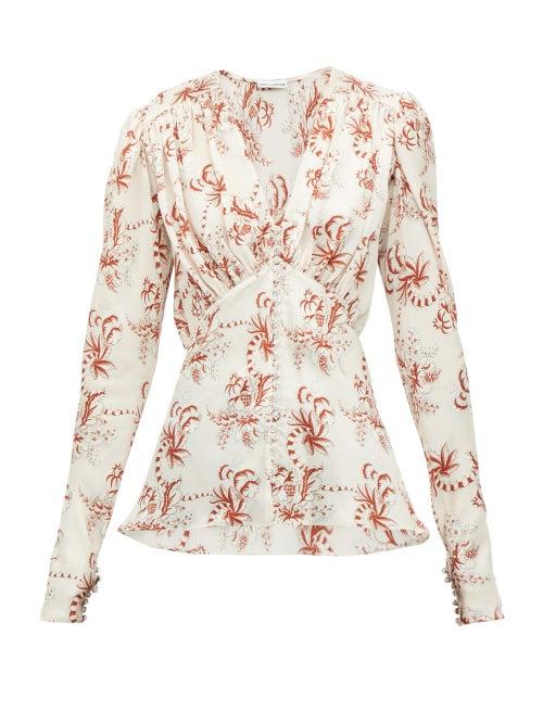 Matchesfashion.com Paco Rabanne - Floral Print Crystal Button Satin Blouse - Womens - Light Pink