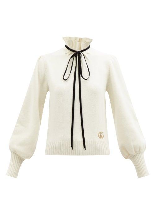 Gucci - Tie-neck Wool-blend Top - Womens - Ivory