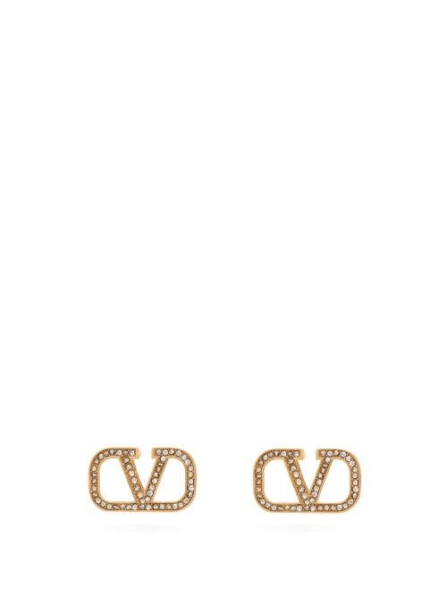 Matchesfashion.com Valentino - V Logo Crystal Gold Tone Earrings - Womens - Gold