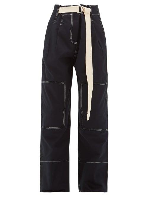 Matchesfashion.com Lee Mathews - Bonnie Topstitched Cotton Straight Leg Trousers - Womens - Navy