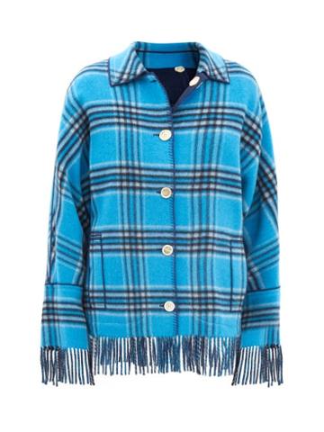 Marni - Fringed Checked Wool-blend Coat - Womens - Blue Check