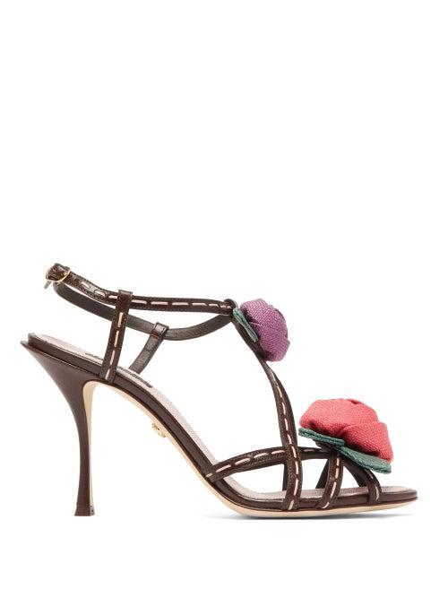 Matchesfashion.com Dolce & Gabbana - Keira Rose-appliqu Leather Sandals - Womens - Brown Multi