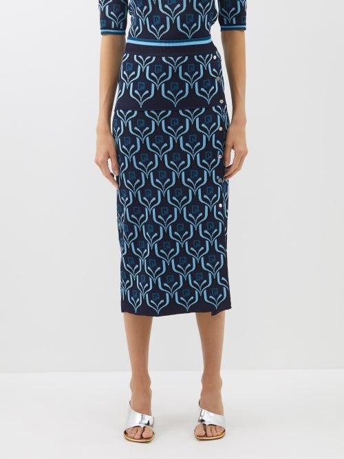 Paco Rabanne - Monogram-jacquard Knit Midi Skirt - Womens - Blue Multi