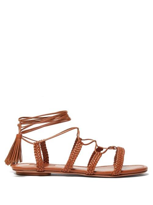 Matchesfashion.com Aquazzura - Stromboli Wrap Around Plaited Leather Sandals - Womens - Tan