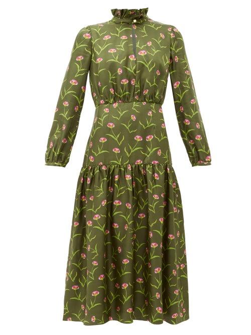 Matchesfashion.com Borgo De Nor - Eugenia Carnation Print Silk Midi Dress - Womens - Khaki Multi
