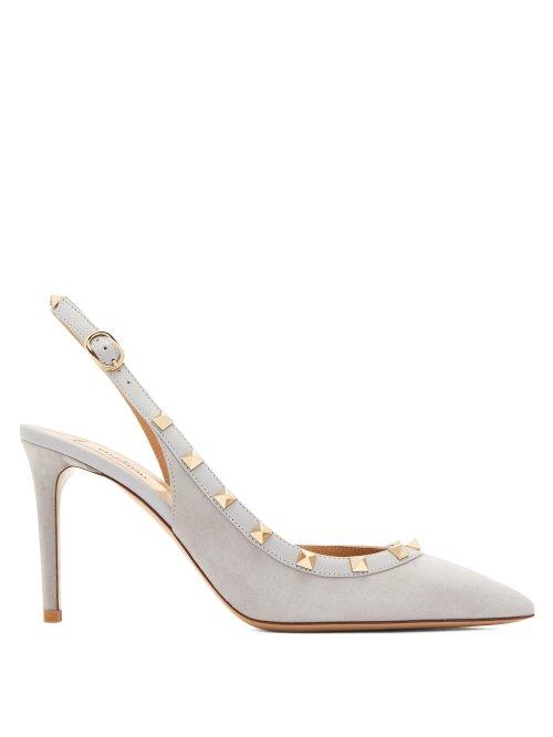 Matchesfashion.com Valentino - Rockstud Slingback Suede Pumps - Womens - Grey
