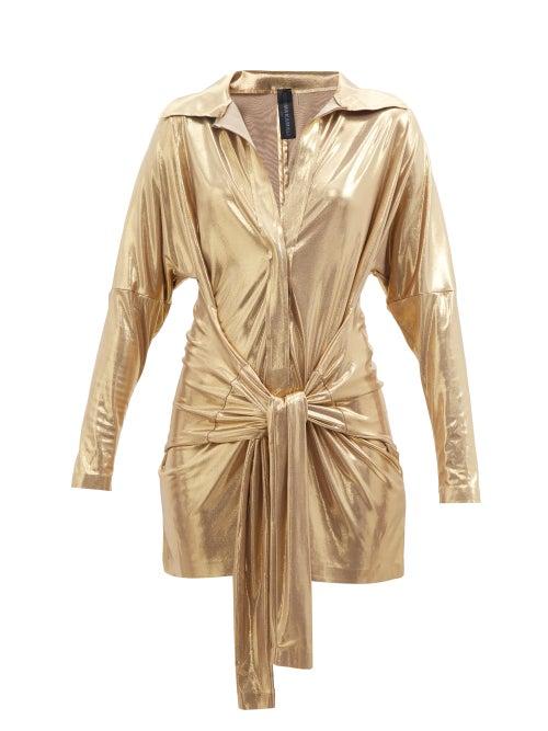 Norma Kamali - Tie-front Lam Mini Shirt Dress - Womens - Gold