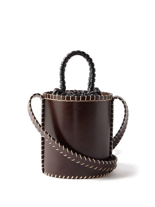 Chlo - Louela Blanket-stitched Leather Bucket Bag - Womens - Dark Brown