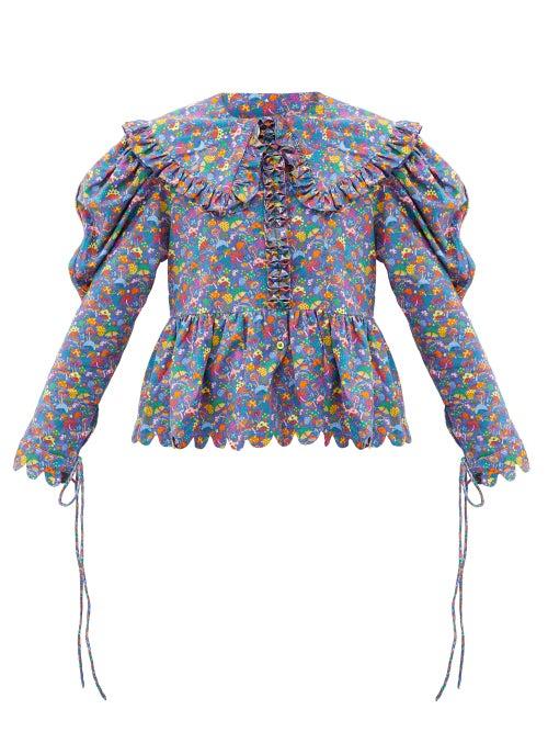 Matchesfashion.com Horror Vacui - Lisi Ruffled Mushroom-print Cotton-corduroy Blouse - Womens - Blue Multi