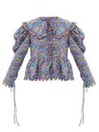Matchesfashion.com Horror Vacui - Lisi Ruffled Mushroom-print Cotton-corduroy Blouse - Womens - Blue Multi