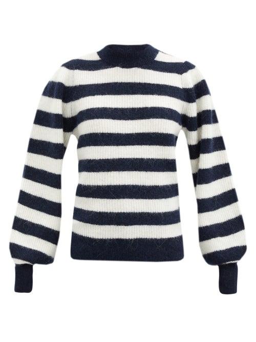 Matchesfashion.com Ganni - Striped Balloon-sleeve Wool-blend Sweater - Womens - Black White
