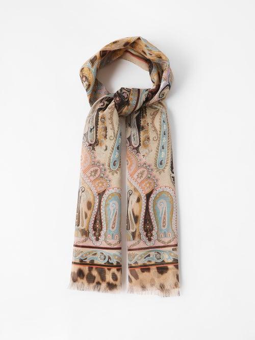 Etro - Calcutta Paisley And Leopard-print Silk Scarf - Womens - Beige Multi