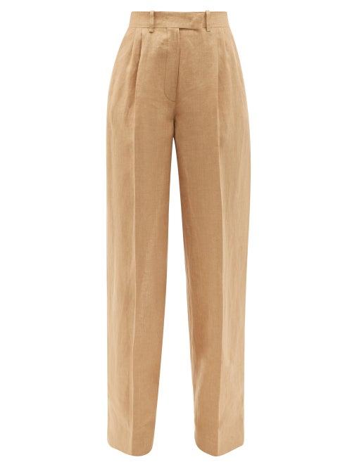 Ladies Rtw Fendi - Ff-embroidered Linen Wide-leg Trousers - Womens - Light Beige