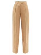 Ladies Rtw Fendi - Ff-embroidered Linen Wide-leg Trousers - Womens - Light Beige