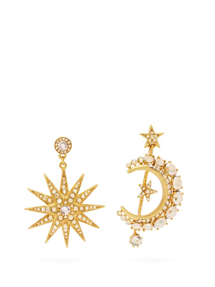 Oscar De La Renta Moon And Star Pav-crystal Mismatched Earrings