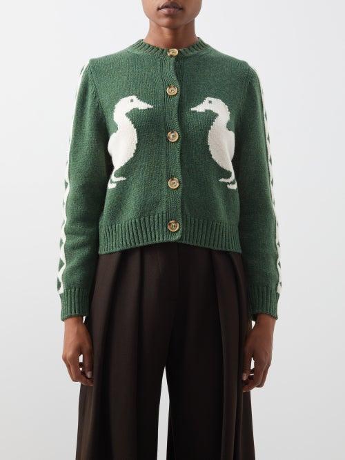S.s. Daley - Jasper Duck-intarsia Lambswool Cardigan - Womens - Green White