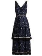 Matchesfashion.com Self-portrait - Tiered Star Print Satin Midi Dress - Womens - Navy