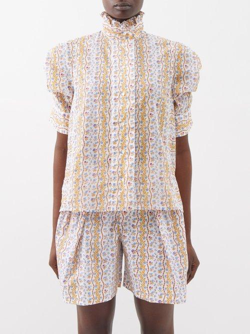 Thierry Colson - Vita Ruffled-collar Floral-print Cotton Top - Womens - Mustard