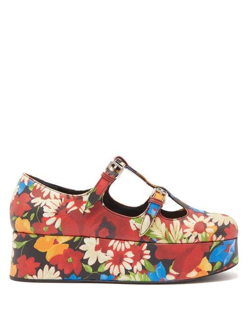 Matchesfashion.com Miu Miu - Crackled Flower Print Mary Jane Flatform Pumps - Womens - Multi