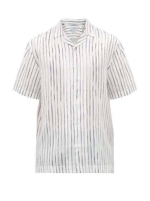 Matchesfashion.com Sunspel - Short-sleeved Pinstripe Lyocell-twill Shirt - Mens - White Navy